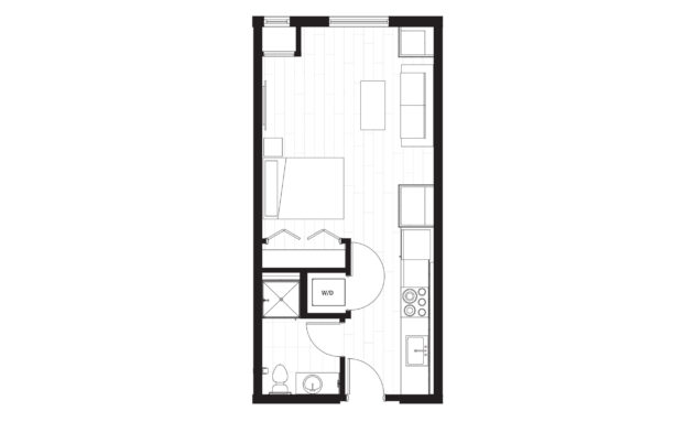 Rendering of the S1 floor plan with a Studio bedroom and 1 bathroom[s] at Windsor 3000 Huron