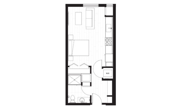 Rendering of the S2 floor plan with a Studio bedroom and 1 bathroom[s] at Windsor 3000 Huron