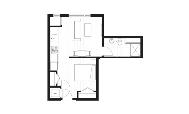 Rendering of the S3 floor plan with a Studio bedroom and 1 bathroom[s] at Windsor 3000 Huron