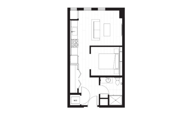 Rendering of the S4 floor plan with a Studio bedroom and 1 bathroom[s] at Windsor 3000 Huron